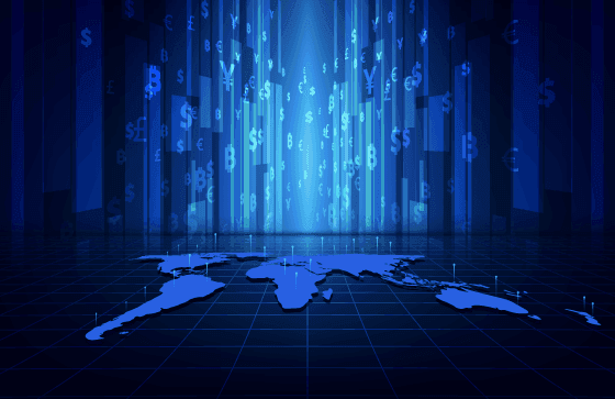 Digital world map with glowing currency symbols (USD, EUR, GBP, etc.) cascading downward, representing global financial planning and strategy in a post-COVID business environment.