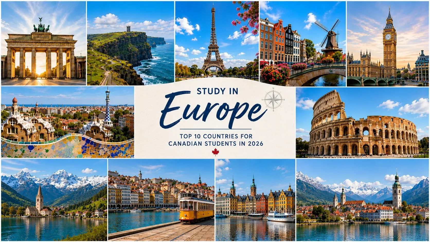 Canadian study essentials beside a map highlighting top European countries for Canadian students studying abroad in 2026.