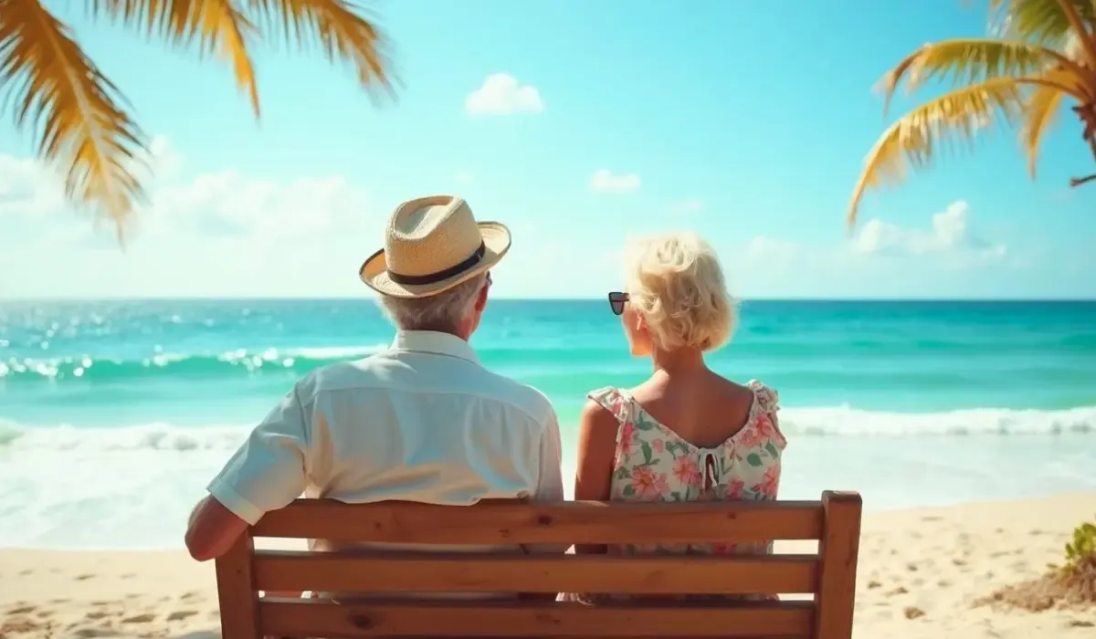 A couple sitting on a bench, facing a serene, clear blue sea under a bright cloudy sky.