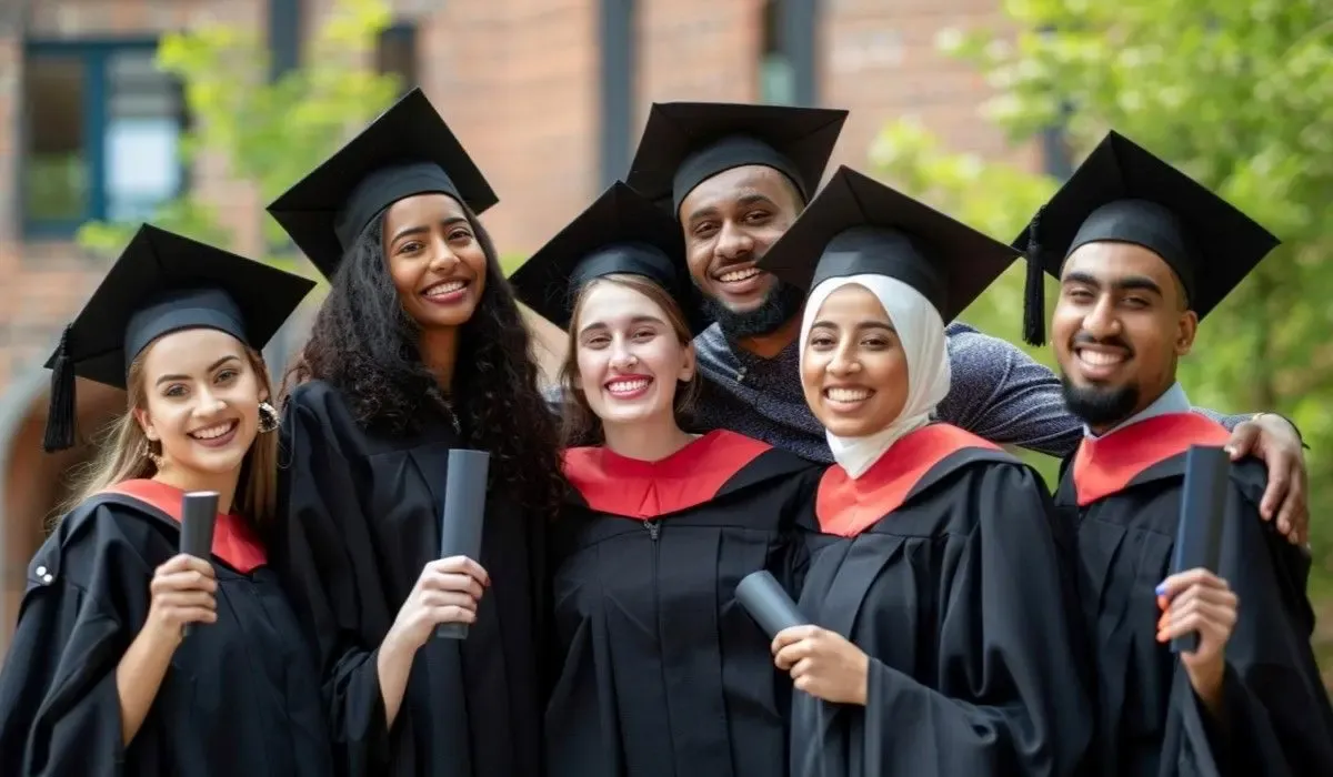 A group of diverse graduates wearing black graduation gowns and caps, smiling and holding their diplomas, standing outdoors in front of a university building.