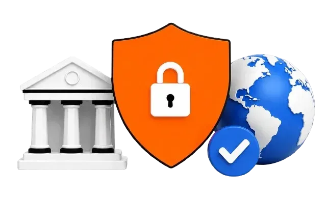 Bank building, security shield with a padlock, and globe with a checkmark representing secure international banking and global payments.