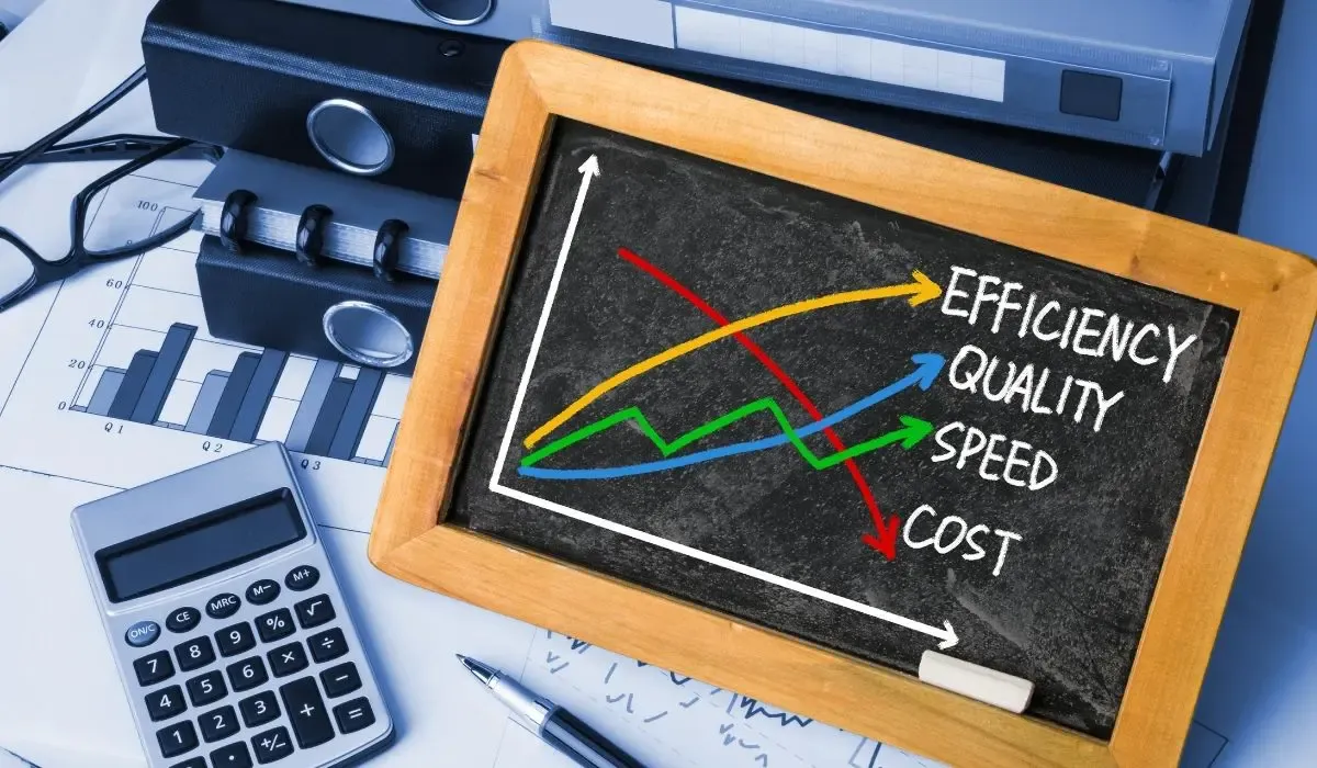 Chalkboard with graphs showing improved efficiency, quality, and speed with reduced costs, illustrating benefits of streamlined supplier payments.