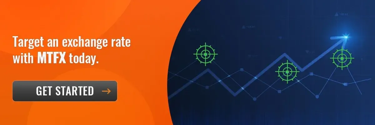 Target exchange rate feature with MTFX shown on a rising line graph and green target icons, promoting currency rate alerts and optimization.