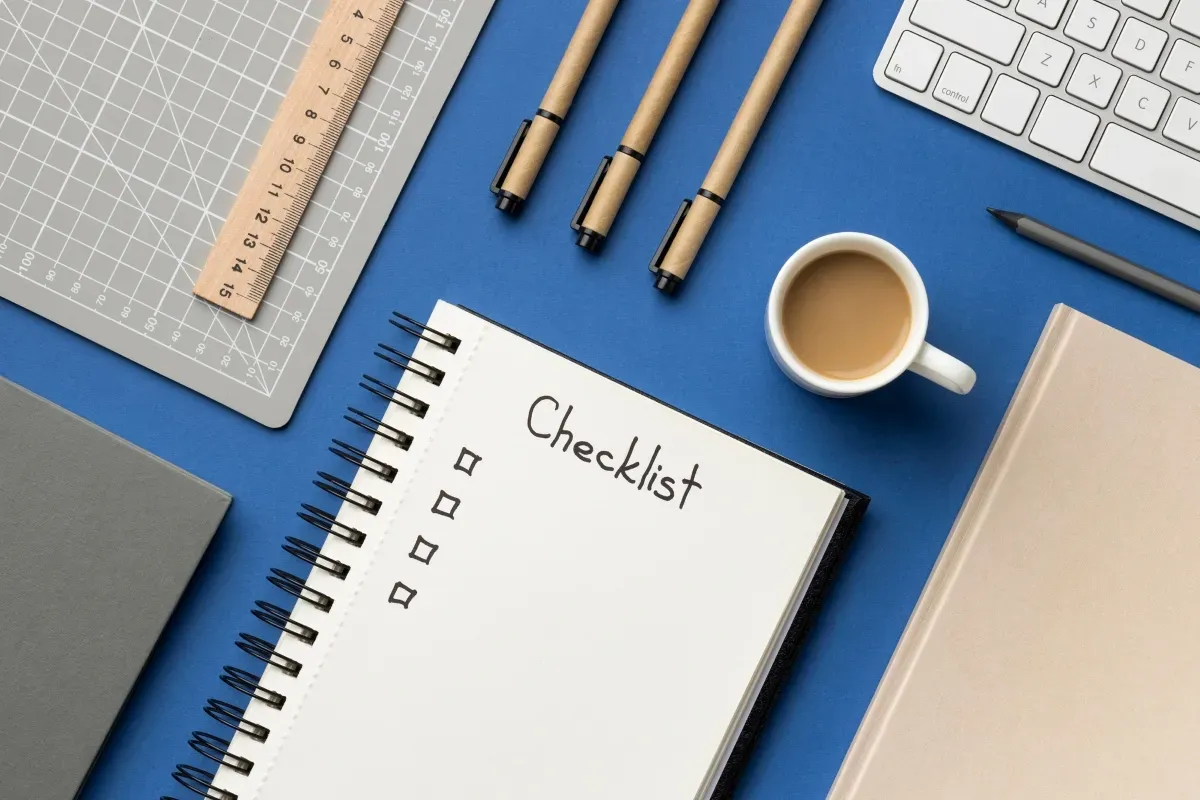 Notebook with checklist on a blue office desk with pens, coffee, keyboard, and stationery.