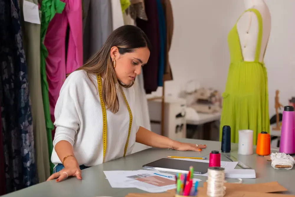 A fashion designer reviews sketches and digital designs at a worktable in a bright, colorful studio.
