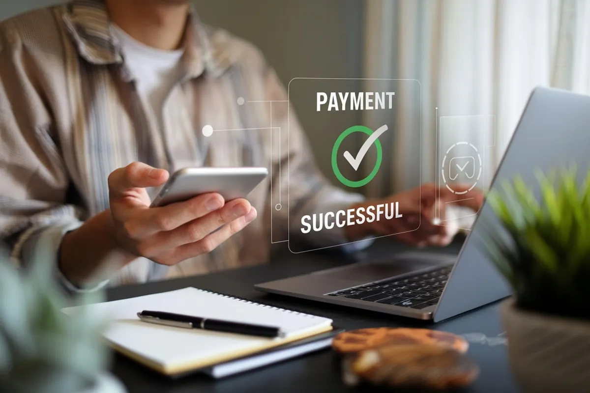 Business professional using a smartphone and laptop with a payment successful confirmation, representing secure EFT and digital business payments.