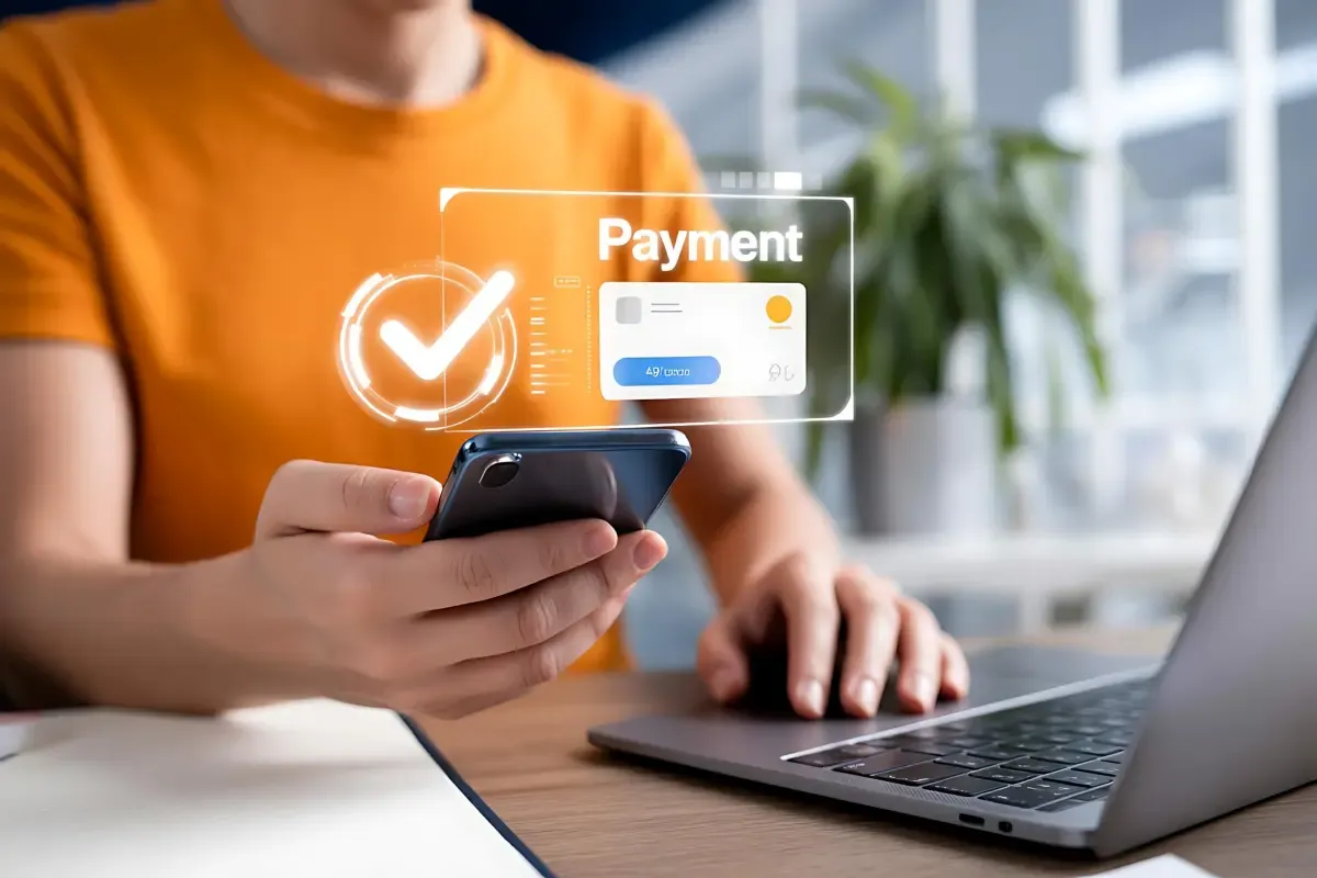 Person using smartphone and laptop with digital payment confirmation interface showing secure online money transfer and completed transaction.