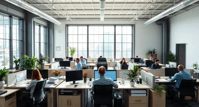 Modern open-concept office with employees working at desktop computers in a bright workspace with large windows and indoor plants.