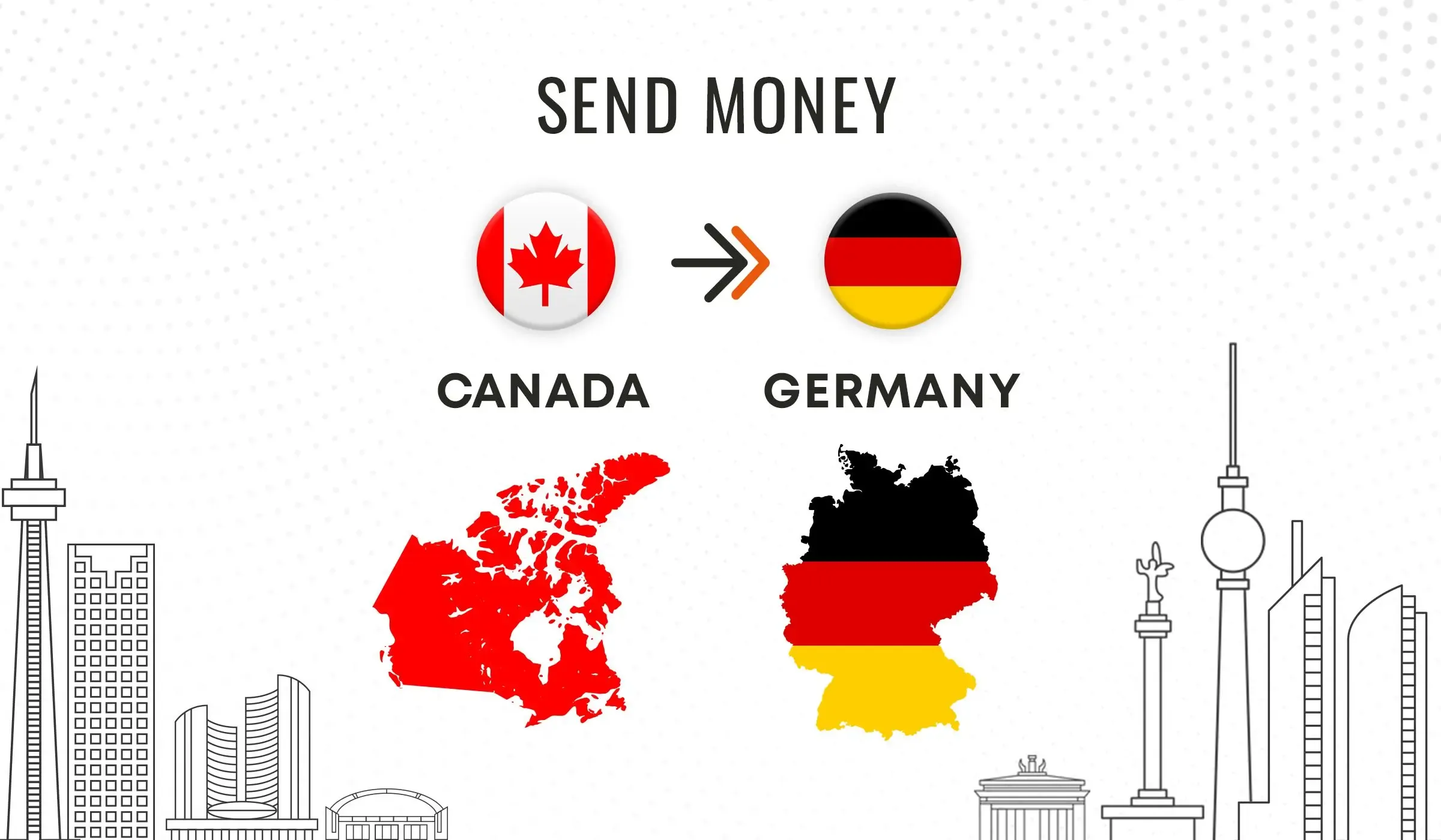 Illustration showing money transfer from Canada to Germany with national flags, country maps, and MTFX branding, highlighting international payment services