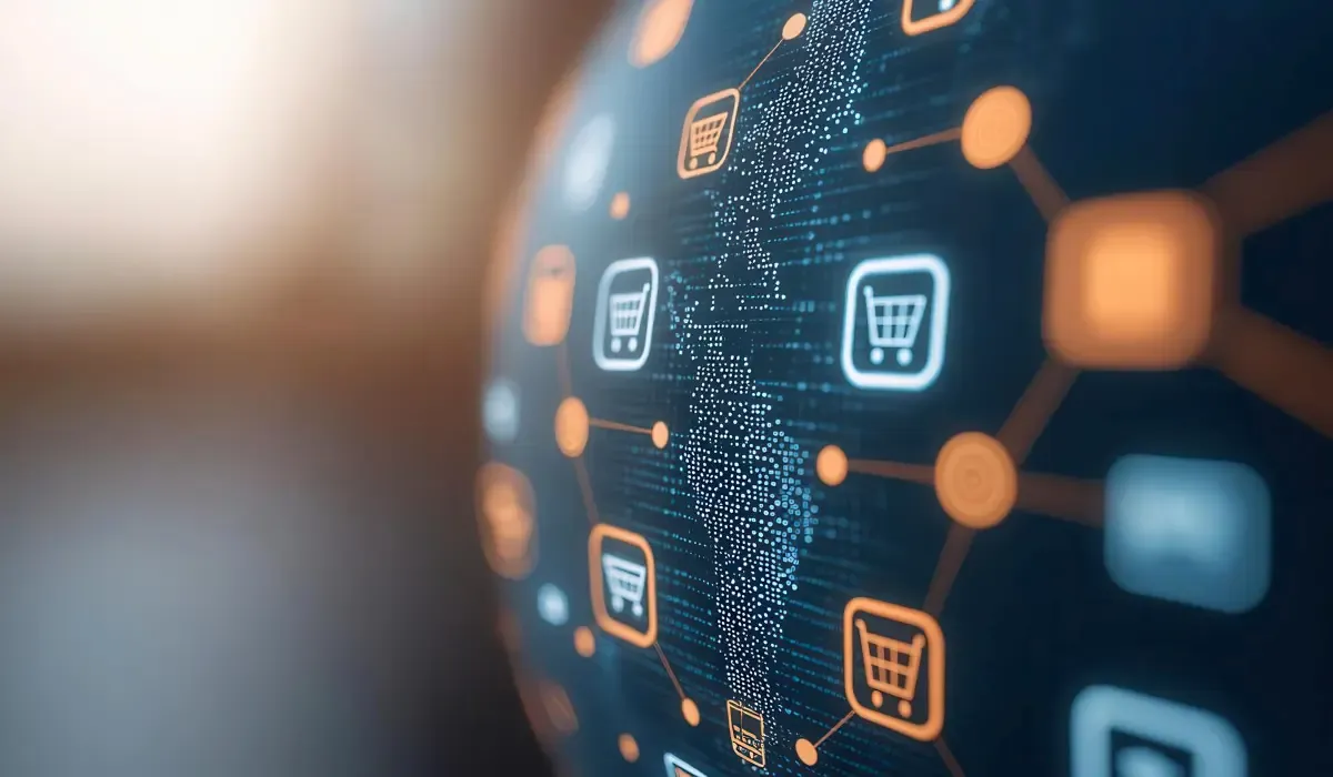 Global ecommerce network interface showing connected digital shopping icons across a world map representing cross-border online transactions
