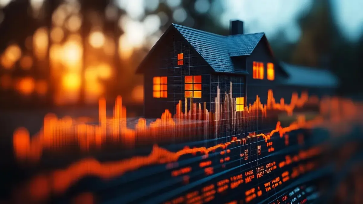 House model overlaid with financial market graph representing exchange rate fluctuations and impact on overseas property investment