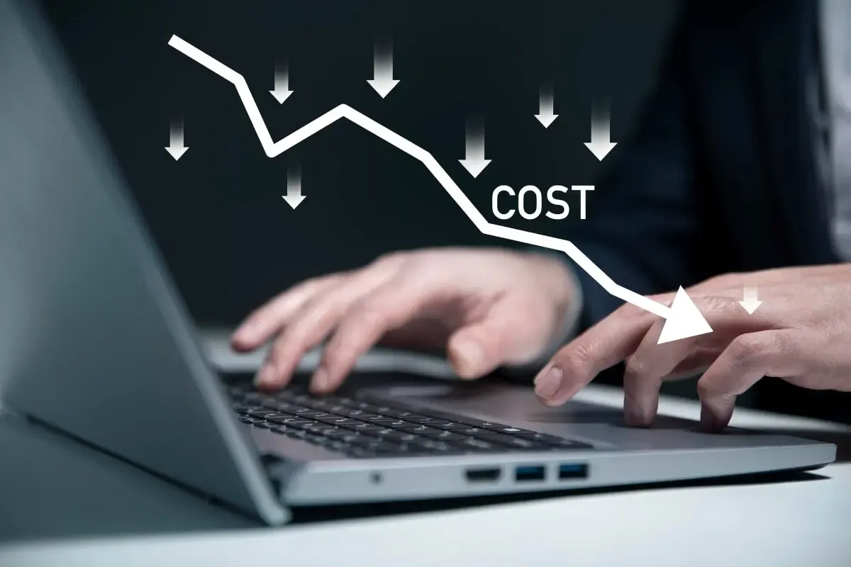 Business professional using laptop with downward chart showing reduced international transaction costs.