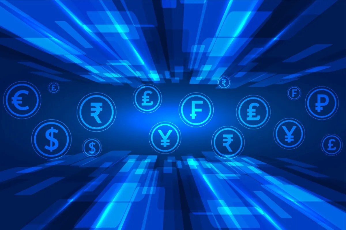 Digital blue financial background featuring floating global currency symbols including dollar, euro, pound, yen, and rupee, representing foreign exchange markets, international payments, and global currency trading.