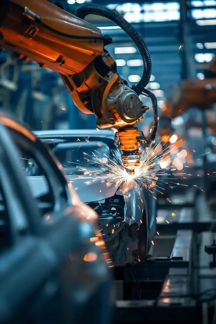 Robotic arm welding a vehicle frame on an automated automotive production line.