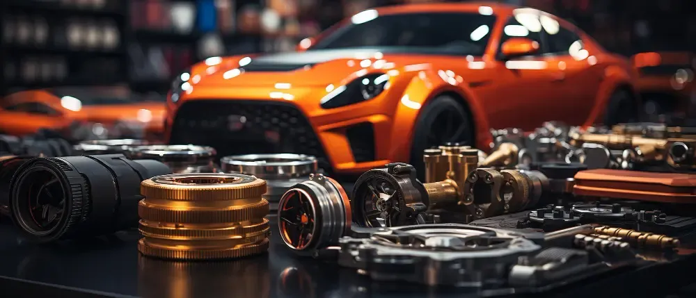 A collection of mechanical car parts and camera lenses in the foreground with a bright orange sports car in the background.