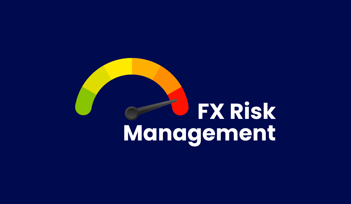 llustration of a color-coded risk gauge with the needle pointing toward high risk, labeled "FX Risk Management" to represent foreign exchange risk exposure.