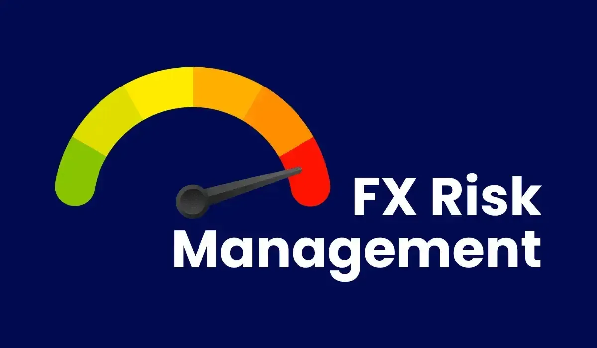 Gauge-style graphic showing a color-coded risk meter from green to red with the needle pointing toward high risk, alongside the text “FX Risk Management” on a dark background.