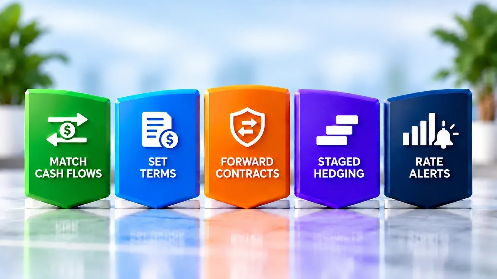 Five colorful FX risk management panels highlighting cash flow matching, payment terms, forward contracts, staged hedging, and rate alerts.