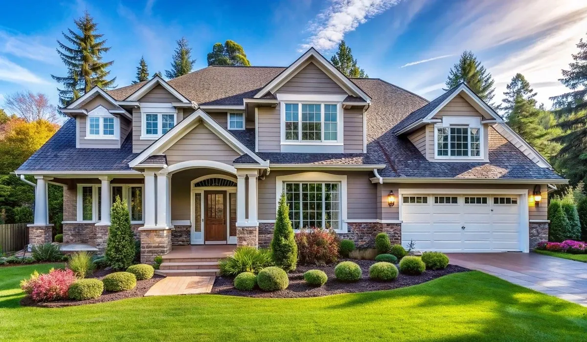Large modern suburban house with grey siding, multiple gables, attached garage, manicured front lawn, landscaped shrubs, and a bright blue sky, representing residential real estate and family home ownership.