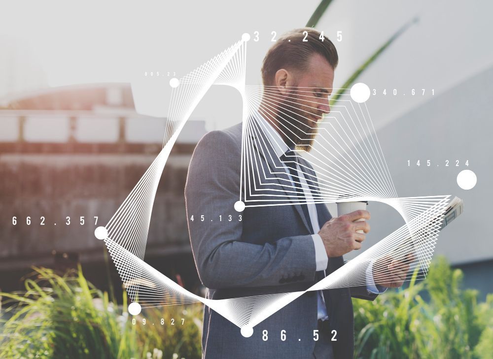 Businessman reviewing information on a tablet outdoors with a coffee cup in hand, overlaid with abstract data visualization lines and numbers.