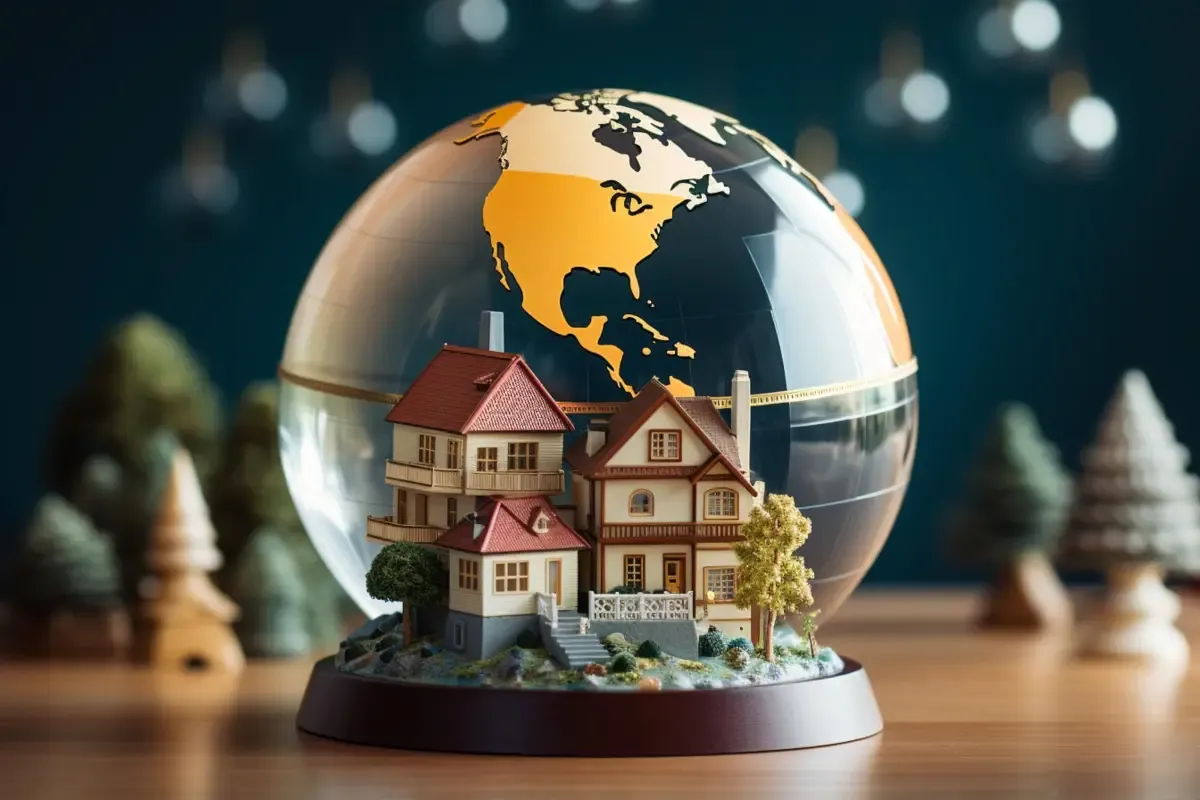 Globe with North America highlighted above miniature houses representing international real estate ownership and cross-border property payments.