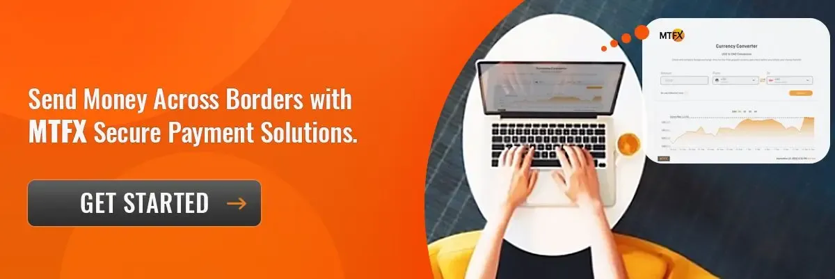Overhead view of a person using a laptop to send money online with MTFX, showcasing secure payment solutions and a currency converter tool on an orange background with a 'Get Started' button.