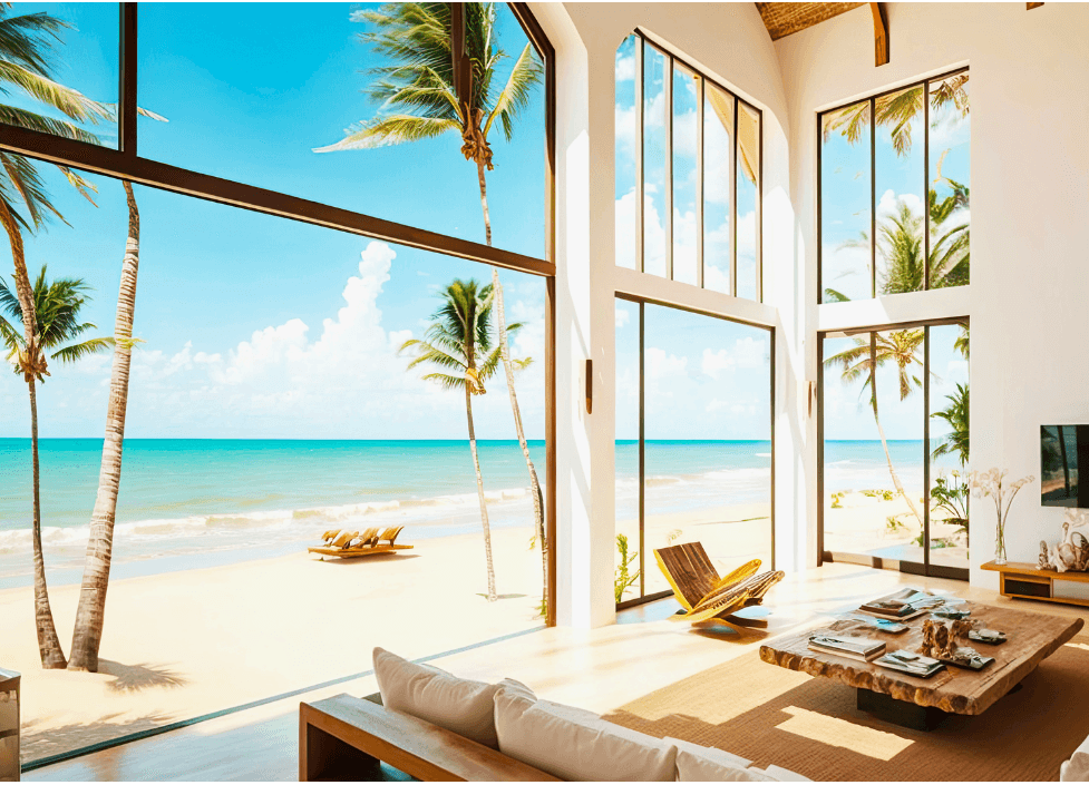 Luxury beachfront villa interior with panoramic ocean views, modern furnishings, and palm trees, symbolizing high-end tropical real estate or overseas property investments