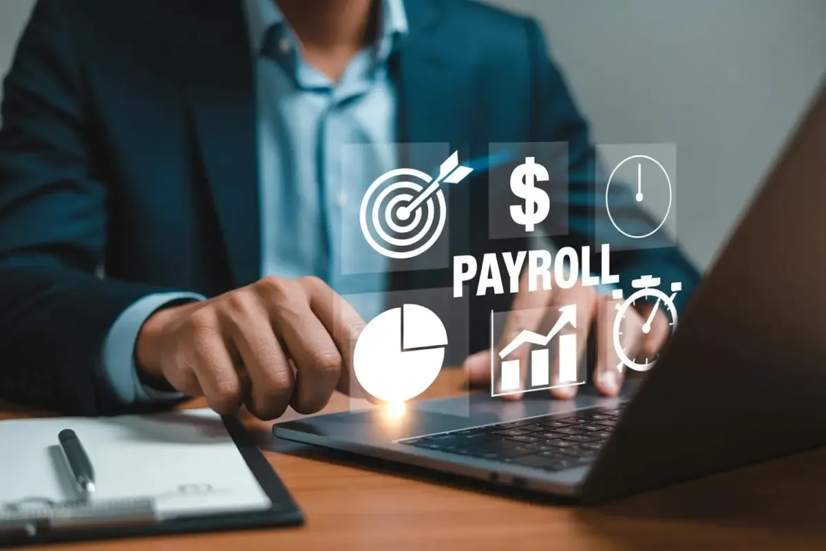 Business professional using a laptop with digital payroll icons including dollar symbol, charts, target and timer representing payroll management and financial analytics.