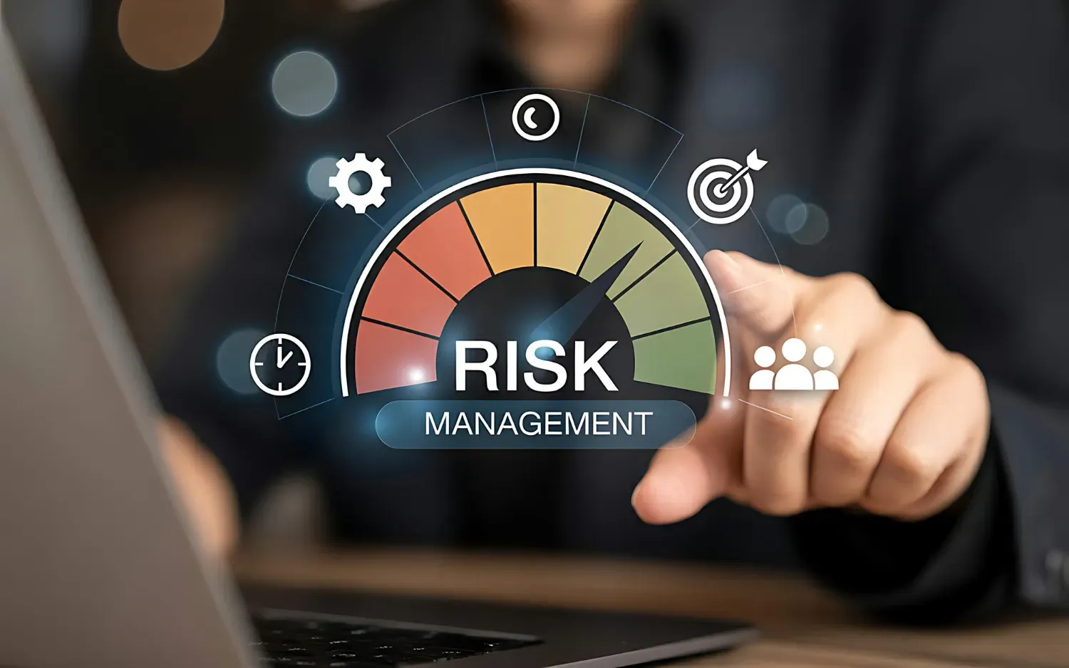 Business executive presenting a digital risk management gauge with low-to-high risk indicators.