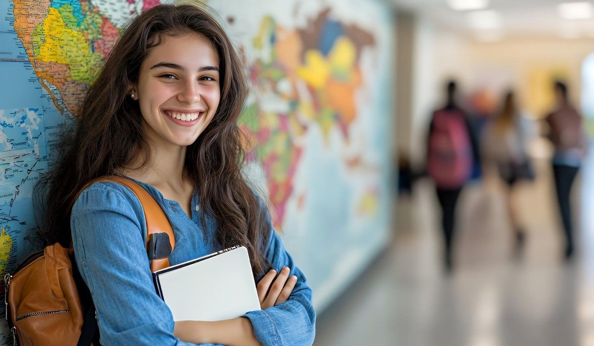 Confident international student standing in front of a world map in a school hallway—symbolizing global education goals. MTFX supports Canadian students studying abroad with competitive exchange rates and secure tuition payment solutions.
