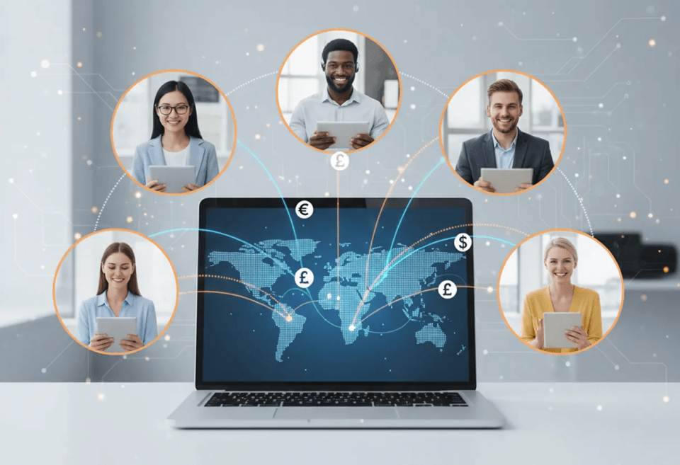 A laptop displaying a world map with currency symbols and digital connection lines linking to remote workers around the globe, illustrating how businesses can pay overseas employees and contractors efficiently.