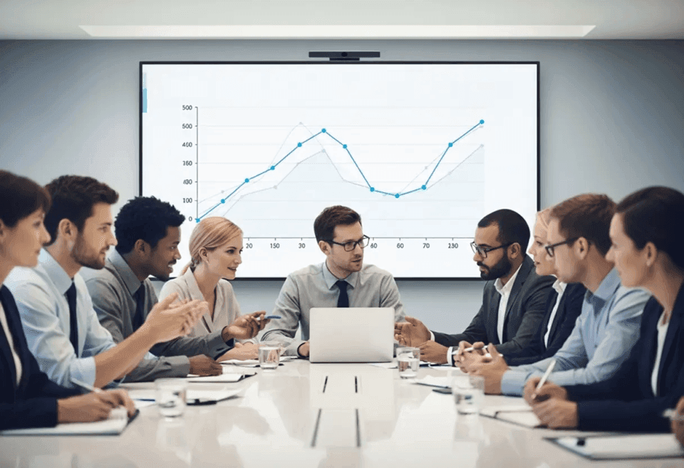 A group of business professionals in a meeting discussing data with a line chart displayed on a screen.