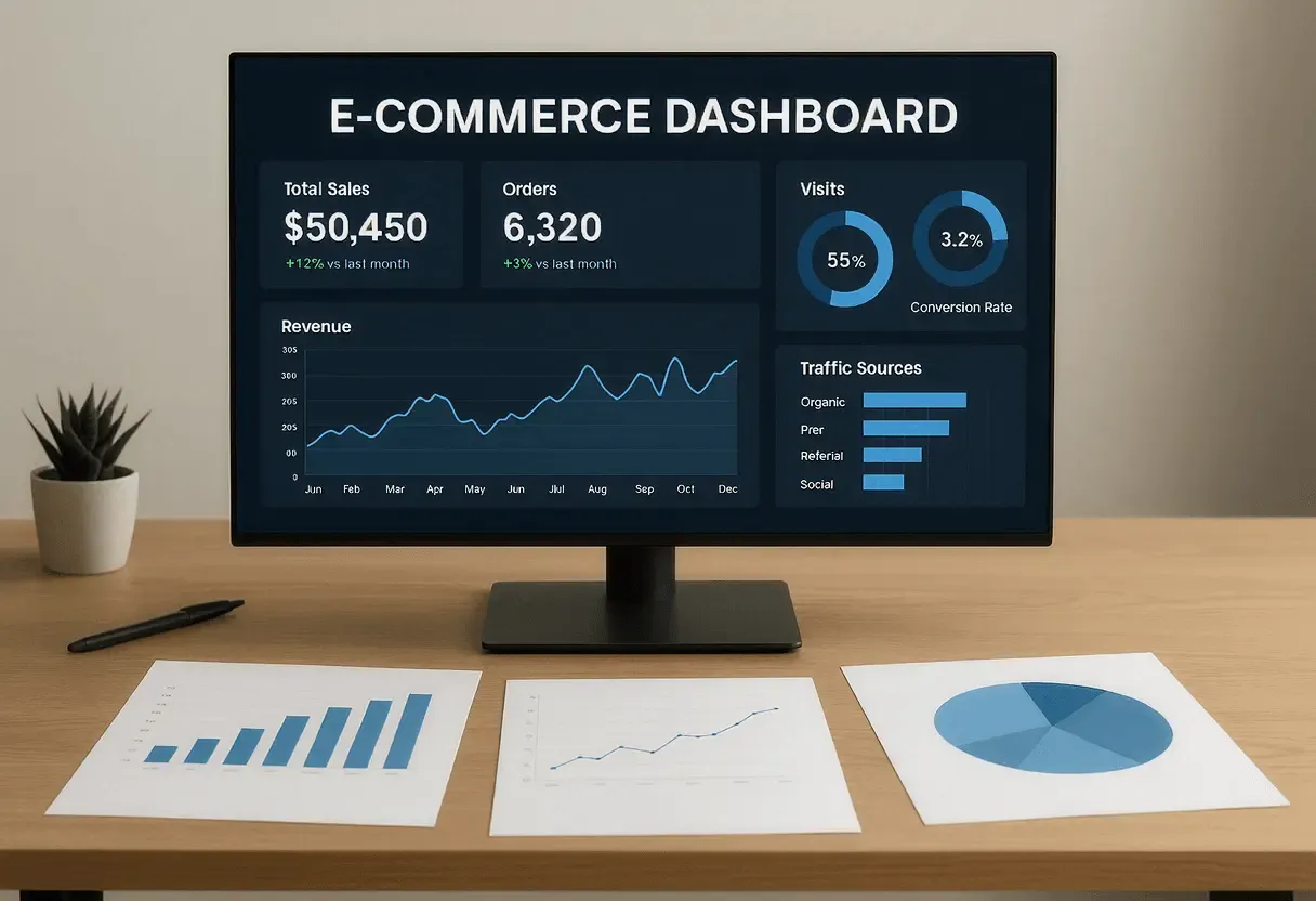 E-commerce dashboard displaying sales, revenue, and traffic analytics on a computer screen, with printed charts on a desk. Reflects the data-driven needs of cross-border businesses and how MTFX supports global e-commerce growth with seamless international payments and currency exchange solutions.
