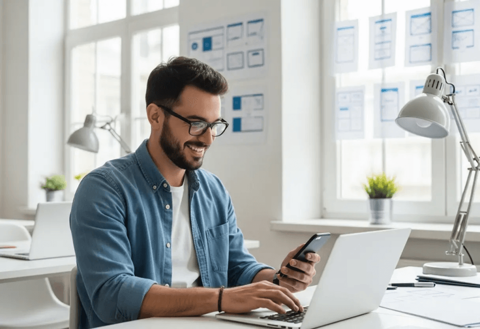 A smiling man sitting at a bright office desk using his laptop and smartphone, representing secure online money transfers and digital payment solutions with MTFX.