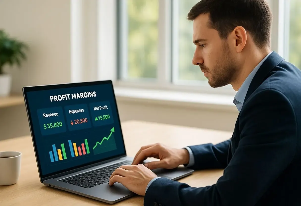Business professional reviewing profit margins impacted by foreign exchange rates, analyzing revenue, expenses, and net profit data for cross-border transactions.