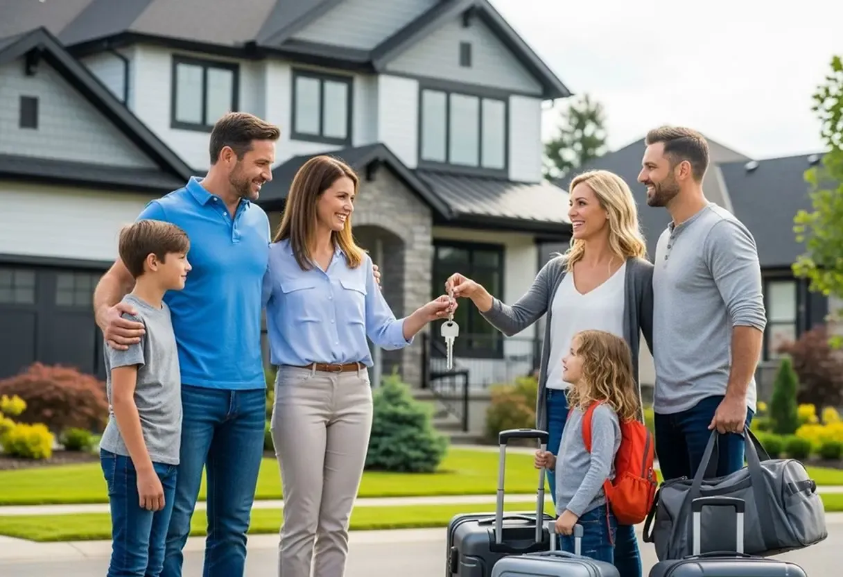 Two families stand in front of a house as one hands over the keys to the other, symbolizing Canadians selling US property and transferring money to new property owners.