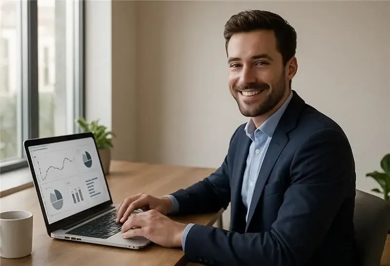 Business professional analyzing foreign exchange trends on a laptop, reviewing live FX charts and currency performance for international money transfers.