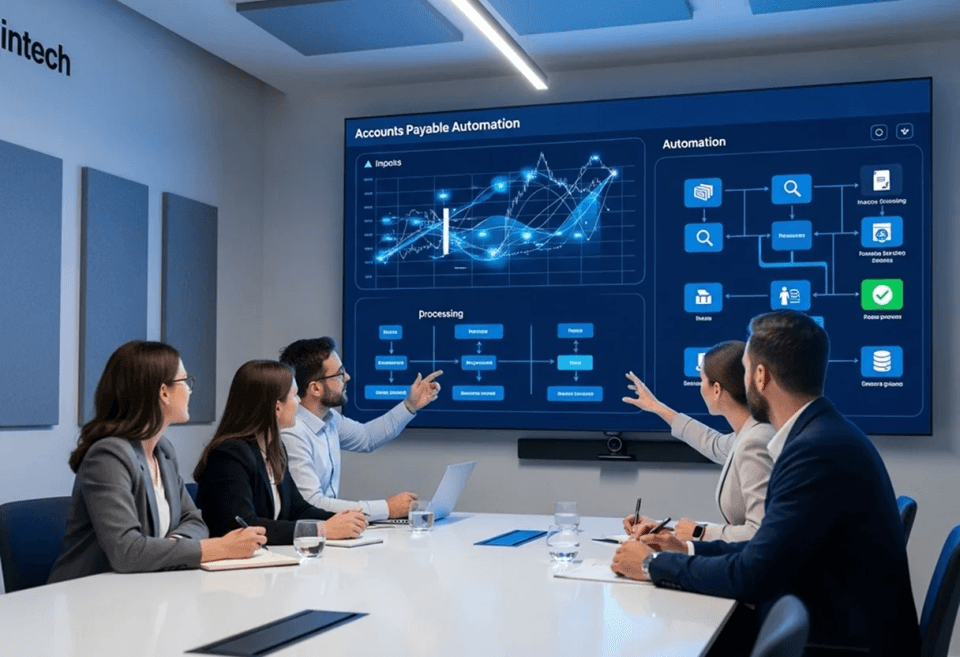 A team of business professionals in a meeting room reviewing accounts payable automation dashboards on a large digital screen, with charts, workflow diagrams and financial data visualizations displayed.