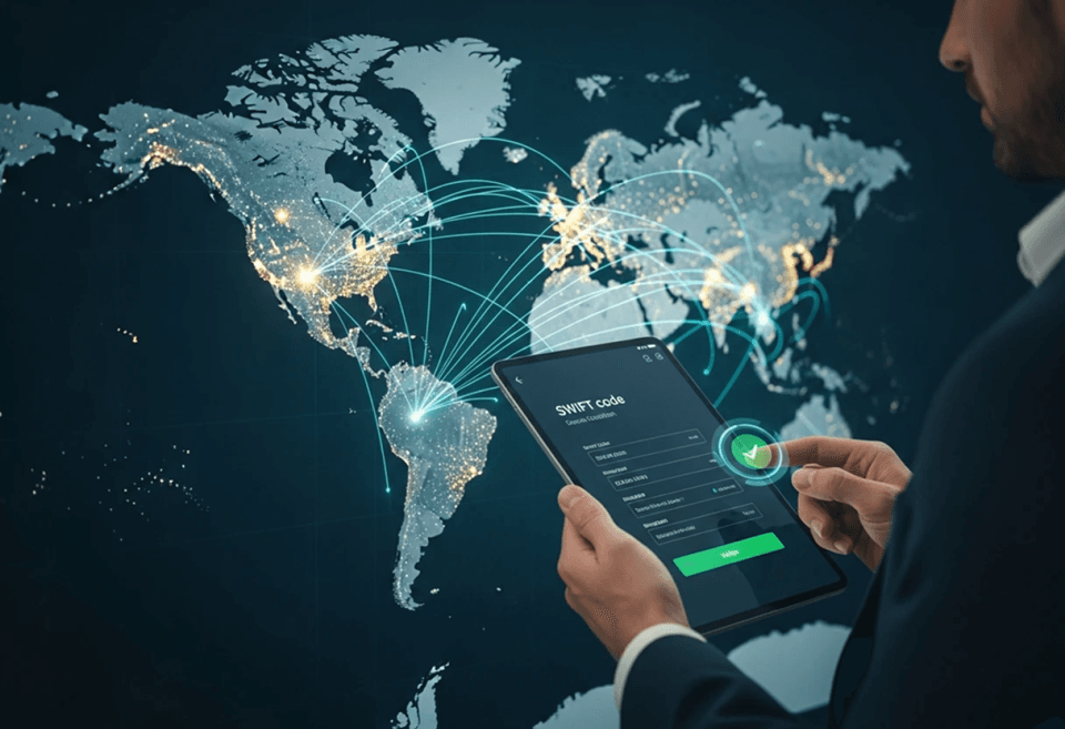 A business professional using a tablet to enter SWIFT code details, with a digital world map in the background showing glowing global payment routes and international money transfer connections.
