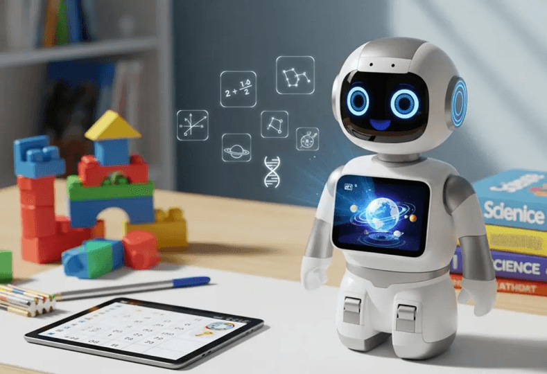 Small educational robot with a digital screen standing on a desk beside a tablet and colourful building blocks, with science and math icons floating above, representing interactive learning and STEM education.
