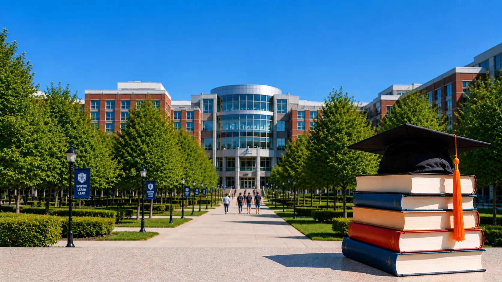 Graduation cap and books at a U.S. university campus, illustrating tuition payments for Canadian students studying in the United States.