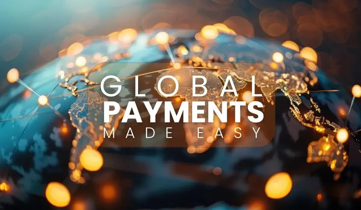 A hero image for the blog with a lit up globe in the background and text saying "Global Payments Made Easy"