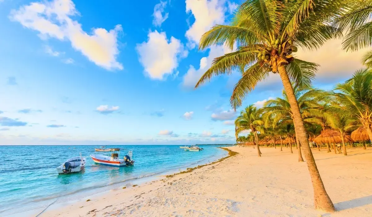 Small boats floating near palm-lined beaches in Mexico, representing tranquil vacation homes Canadians can purchase with efficient currency transfers and competitive CAD to MXN exchange rates.