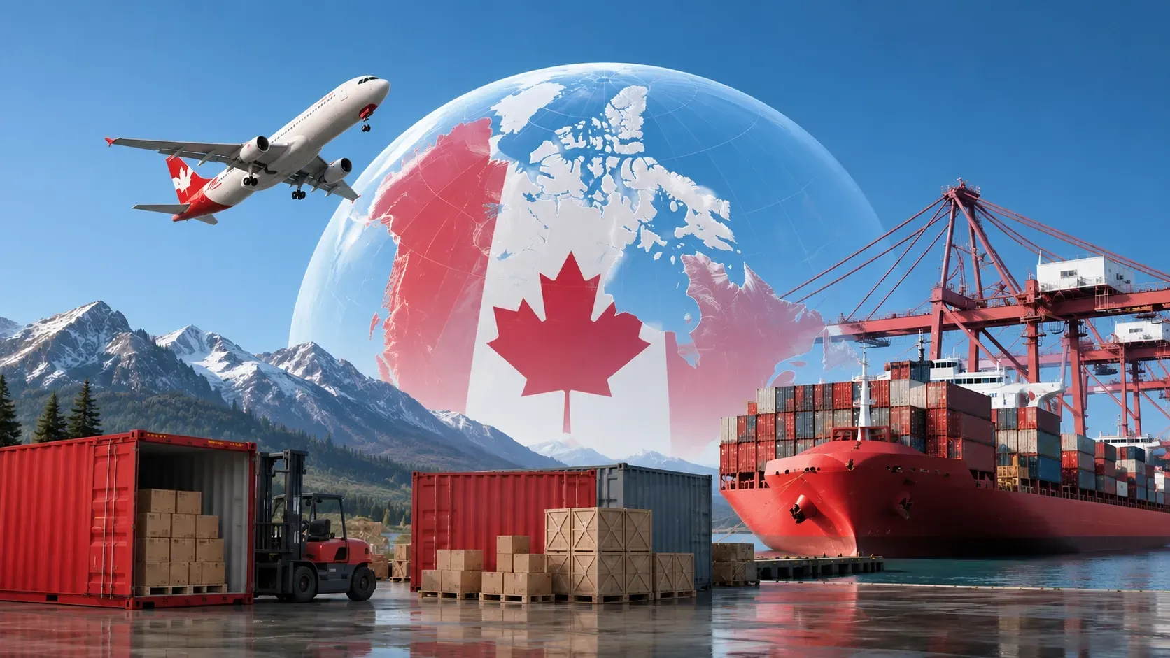 Canadian import and export logistics with cargo, freight, aircraft, and global trade links.