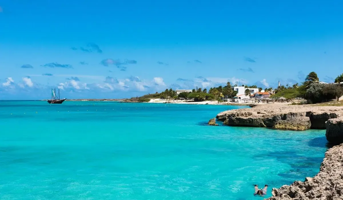 A scenic image of Aruba's coastline, showcasing Divi Divi trees leaning over golden sands with the Caribbean Sea stretching into the horizon.