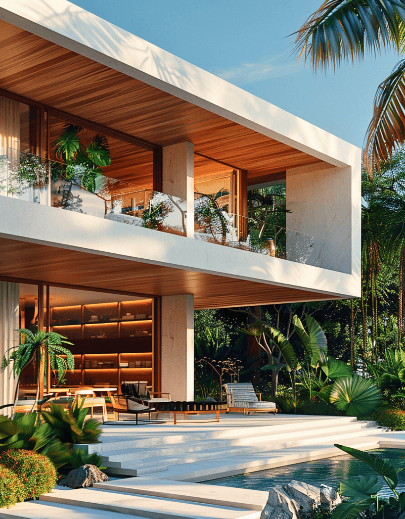 Modern tropical-style home in Australia with large glass windows, open balcony, and lush greenery, representing overseas property purchase opportunities.
