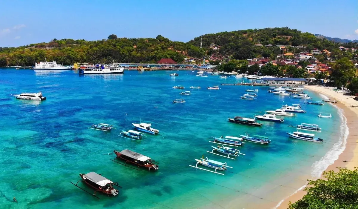 A scenic image of Bali's coastline, showcasing white sandy beaches, turquoise waters, and lush palm trees under a bright sunny sky.