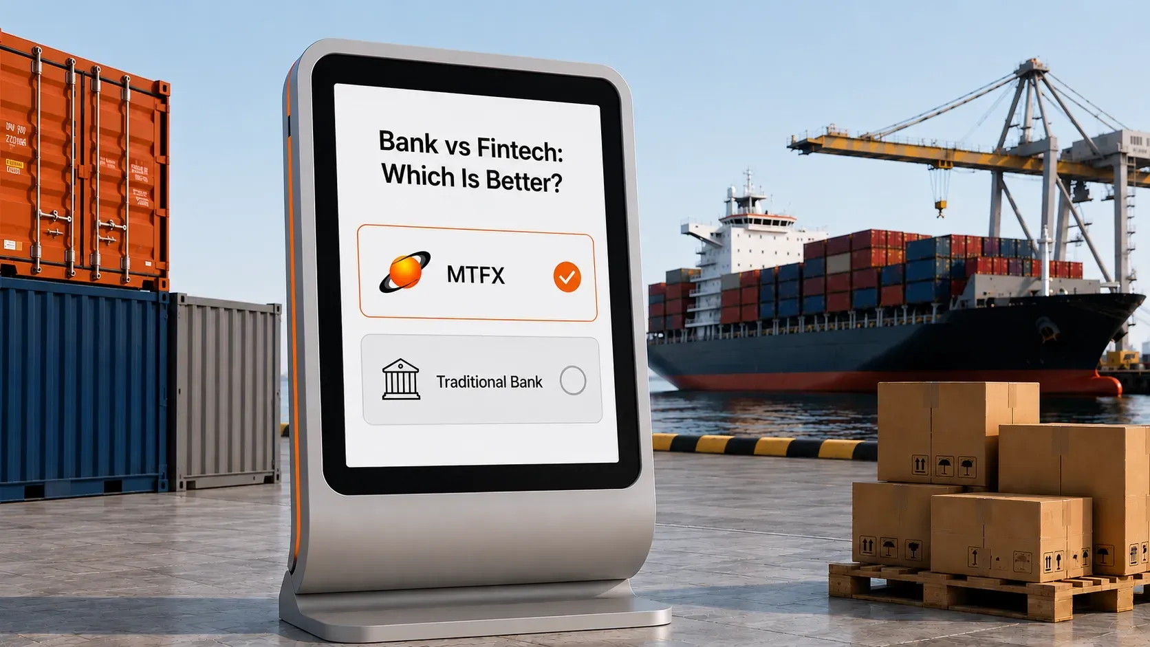 Modern fintech payment kiosk comparing MTFX and traditional banks at a busy shipping port with cargo containers, cargo ship, and cranes.