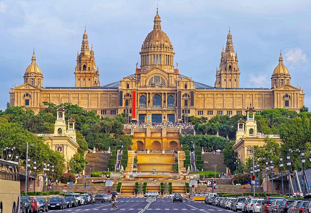 Front view of the National Art Museum of Catalonia in Barcelona, Spain, with cars parked along a wide avenue.