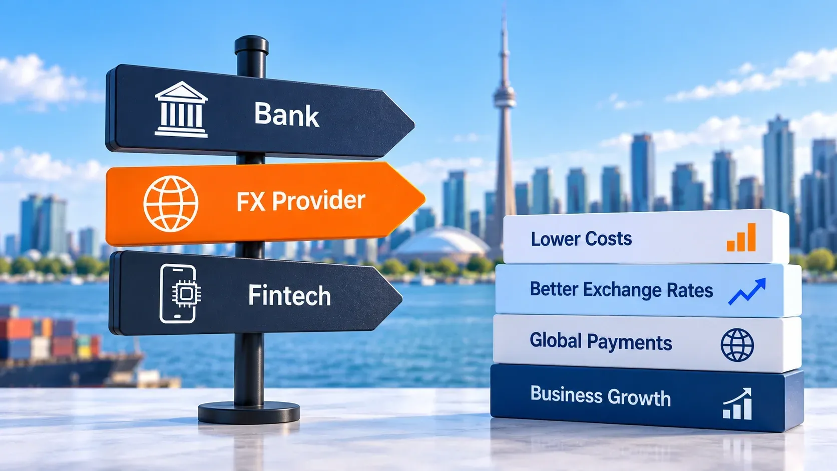 Signpost comparing Bank, FX Provider, and Fintech options beside blocks highlighting lower costs, better exchange rates, global payments, and business growth in Canada.